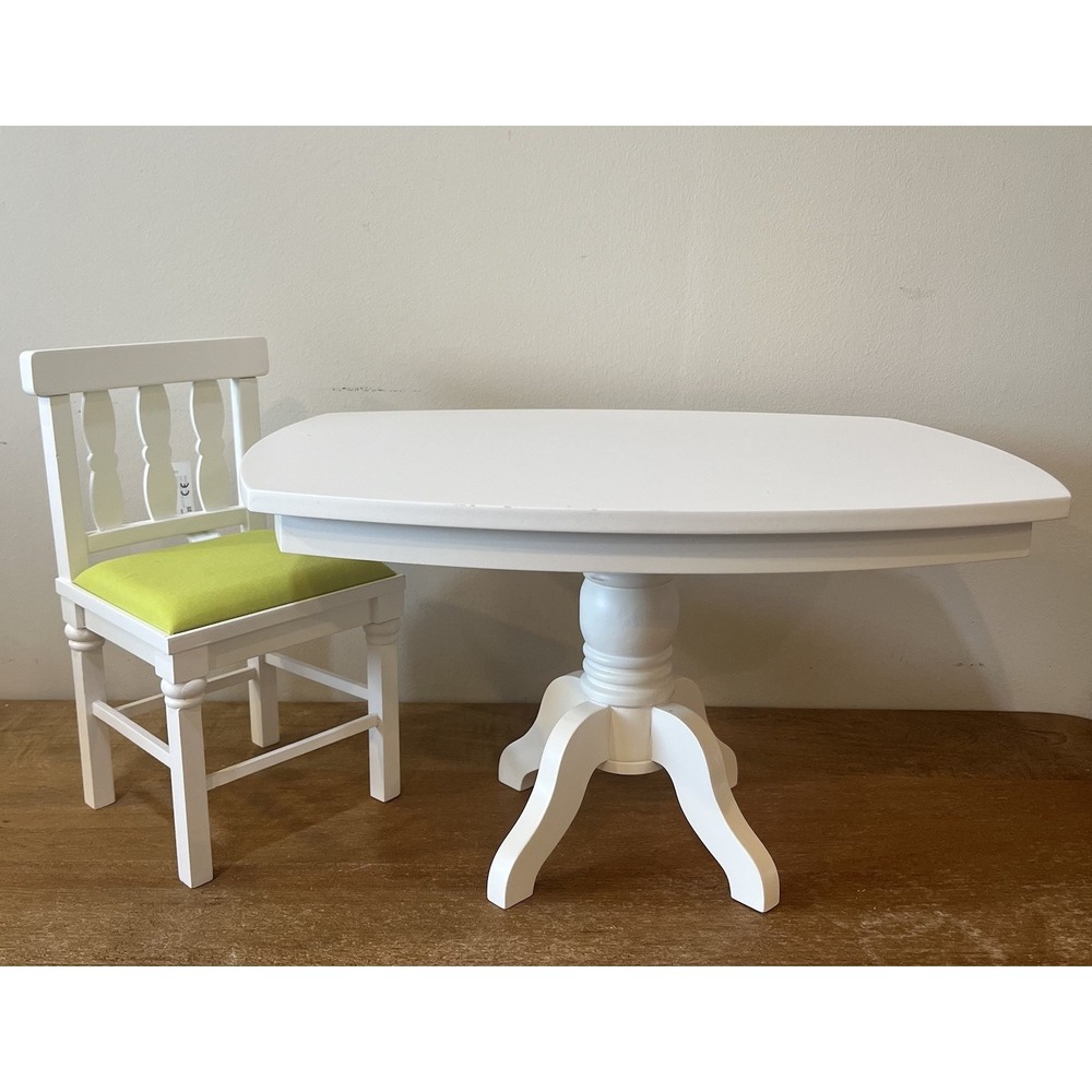American Girl White Dining Table & Chair Set Green Cushion 18" Doll Furniture
